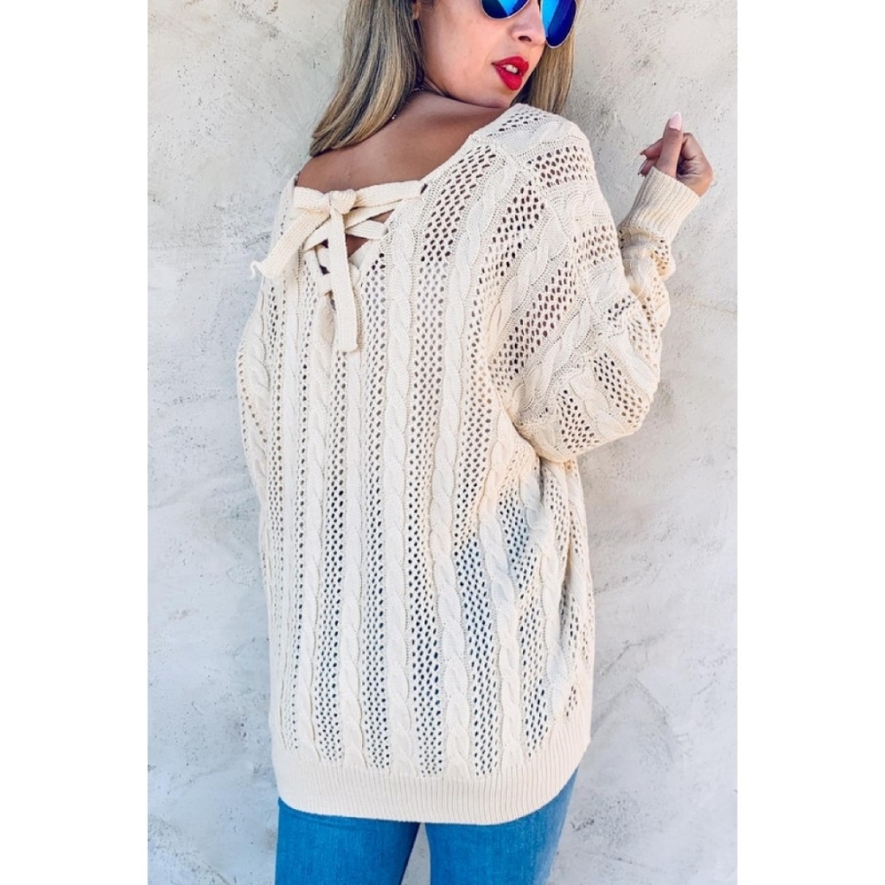 Amoli Back Lace-Up Detail Openwork Knit Top - Picture 3 of 4